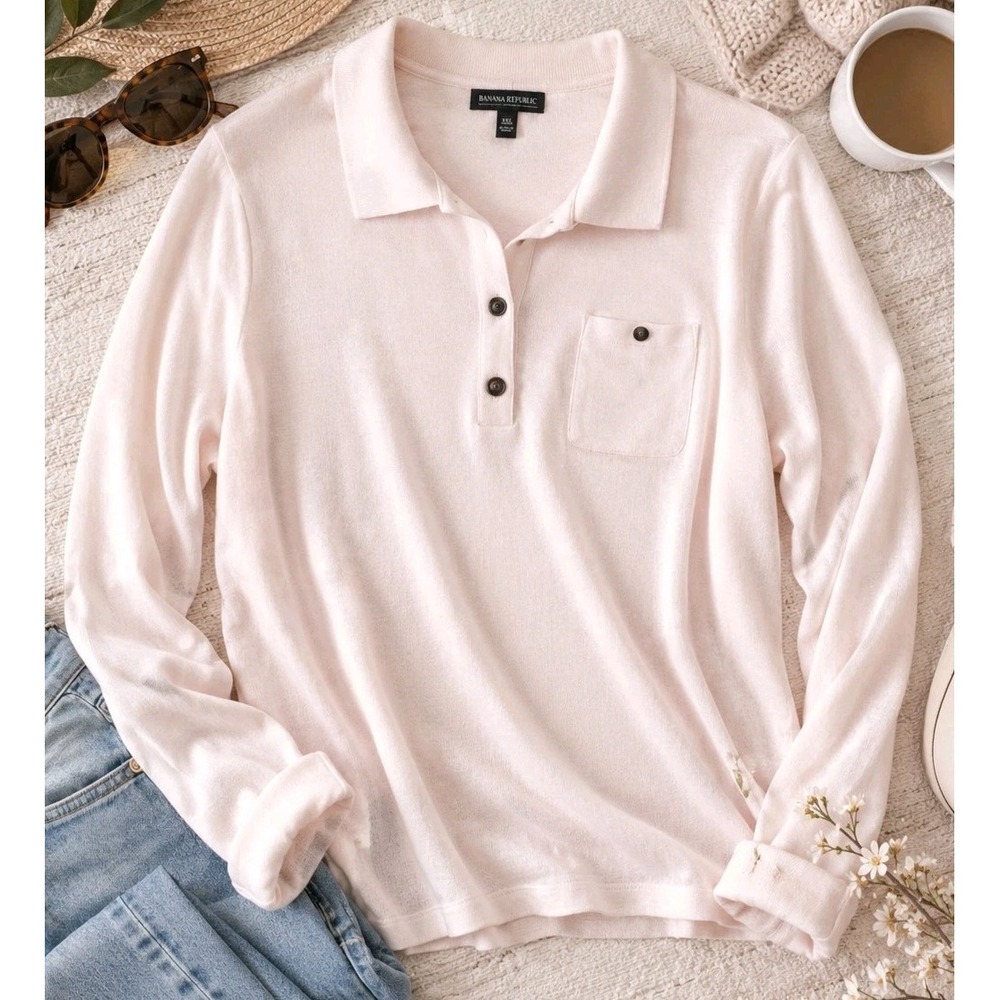 Banana Republic Merino Wool Sweater XXL Ivory Polo Quiet Luxury Minimalist Soft